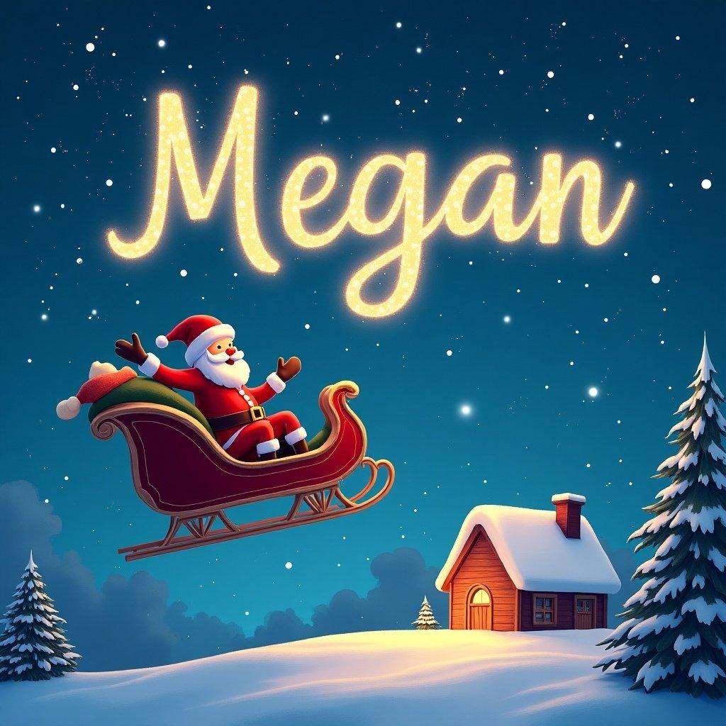 Santa Claus in a sleigh flies through the snowy sky. A cozy cottage is visible below. The name Megan is written in the sky, glowing and magical.