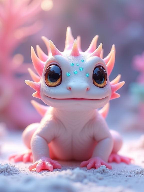 A fantasy amphibian creature resembling a small lizard or horned frog. It has four limbs, a broad head, and a textured, bumpy skin with raised nodule details. The creature has spiky protrusions and large expressive eyes. Bright bubblegum pink contrasts with milky white skin. The background is a softly blurred, pastel-colored landscape.