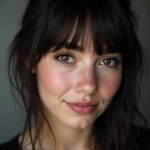 Close-up of a beautiful lady with freckles and a big smile. She has brown hazel eyes and full bangs. Dark makeup accentuates her features. Soft light creates a warm atmosphere. Head and shoulders portrait for cover use.