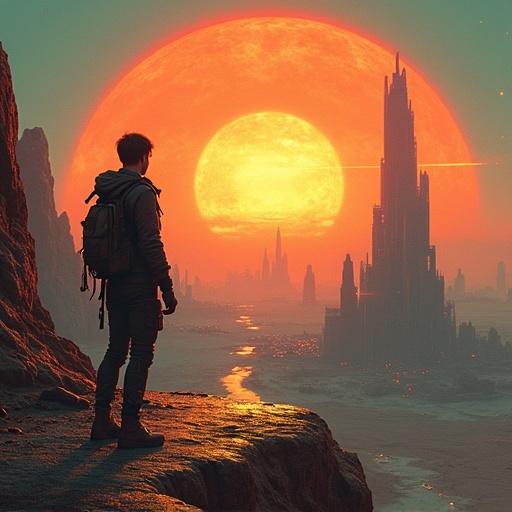Highly detailed painting of a cyberpunk city under a dome on an alien planet after sunset. Young man with weathered futuristic clothes stands on a corporate rooftop. Rocks and desert beyond city edge. Solar flares in the sky. Gritty texture and cinematic composition.