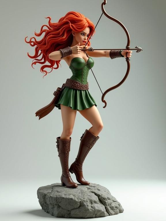 Highly detailed 3D render of a stylized warrior woman standing in a dynamic pose. She aims a bow and arrow. One leg rests on a rock base. Hair is wild curly bright red. She wears a green corset-style dress with a short flowing skirt. High brown leather boots engraved with motifs. Body athletic and curvy with defined legs and arms. Figure designed like a resin statue collectible with realistic material finish.