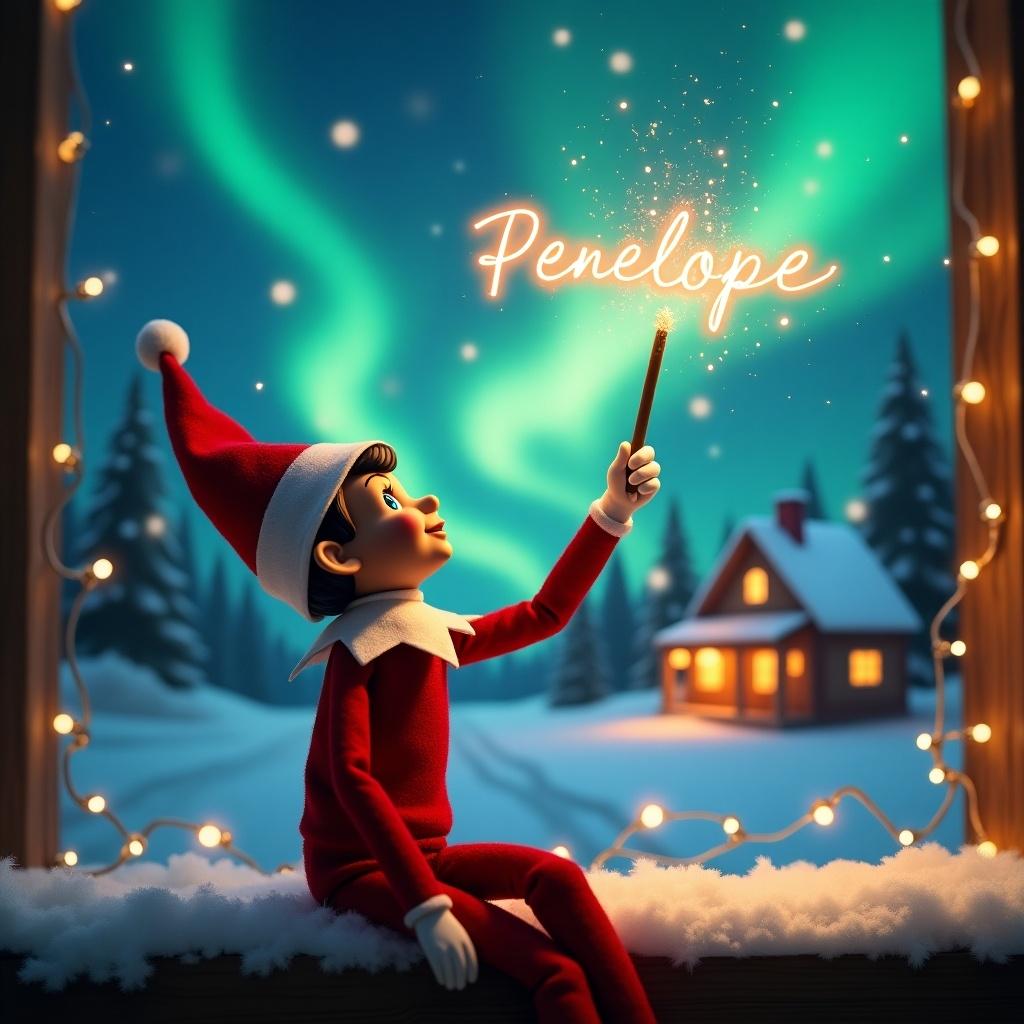 An elf sits with its back to the viewer, gazing up at the magical sky. It holds a glowing wand that emits sparkling lights. The background features a picturesque Christmas scene with colorful northern lights above. In the distance, a cozy house is decorated for the holidays, surrounded by snow. The elf embodies a playful spirit, bringing holiday wonder. It writes the name 'Penelope' in the air, adding to the festive charm.