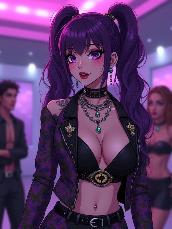Anime woman with amethyst purple eyes in a modern luxurious indoor party. Wears a sexy edgy biker gang outfit. Elegant oversized purple curly pigtails complement the look. Features colorful tattoos and jewelry. Night scene vibes with vibrant colors and a lively atmosphere.