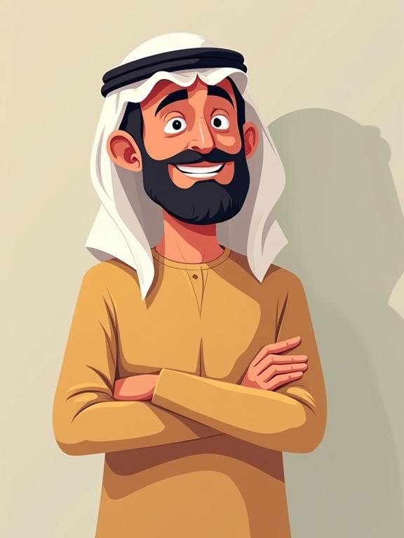 Illustrate an Arab man aged about 40. He has a smiling expression. The character has a beard and wears traditional attire. The style is 2D flat cartoon. He stands with crossed arms. Light background enhances the illustration.
