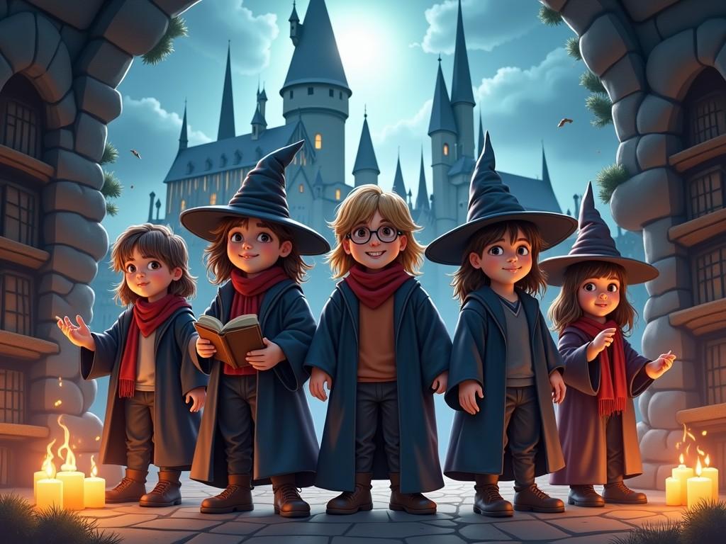 This enchanting illustration shows five children dressed as young wizards or witches standing in front of a magical castle. The kids are wearing robes and pointed hats, and one holds an open book, suggesting a scene steeped in mythology and fantasy. The background features a grand castle with tall spires under a twinkling night sky, adding to the mystical ambiance.