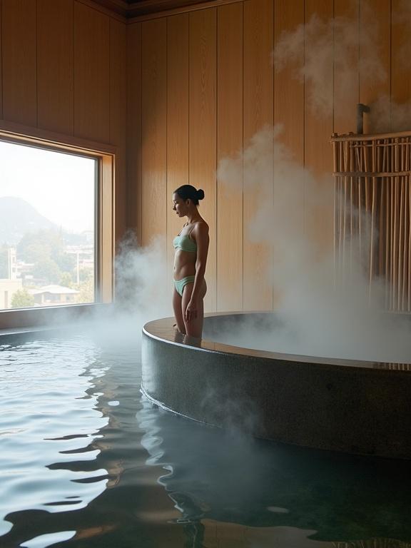 Visualize a unique architectural fusion featuring a Japanese onsen within a stylish San Francisco setting, elegant swimsuit, steam, serene atmosphere, modern architecture, traditional elements