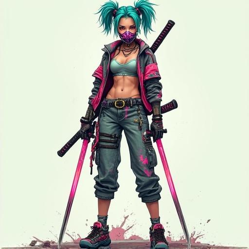Futuristic female street samurai stands confidently against a light background. She has teal-blue hair styled in messy, spiked ponytails. Colorful paint-splattered outfit includes cropped pants and layered jacket. Exposed midriff reveals toned abs. Wears glowing high-tech mask over lower face. Katana is strapped to side and another is gripped in right hand. Blades are pink with neon paint. Design blends cyberpunk influences with street art textures. Bits of fabric and paint splatters drift around her.