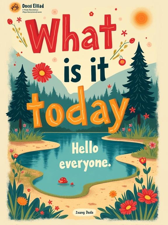 Design a surreal modern graphic poster with bold colors and playful elements. Title is 'What is it today'. Subtitle is 'Hello everyone'. Author is 'Zhang Dada'. Background is a small clear Walden Pond with text decorations around each word.