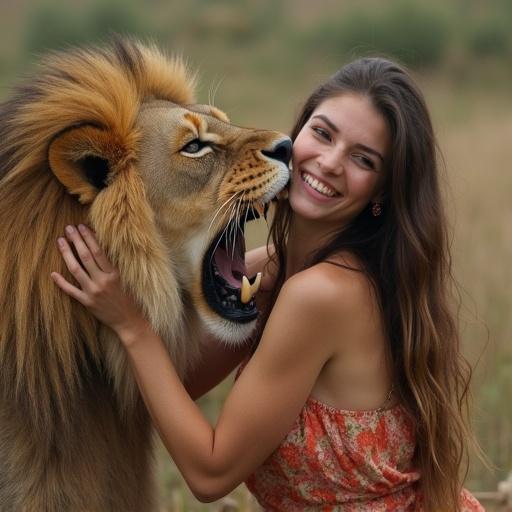 A close interaction between a woman and a lion. The lion shows its teeth. The setting is a natural environment with grass and bushes. This scene conveys a sense of wonder.