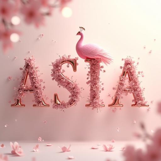 Hyperrealistic 3D digital artwork featuring the name 'APSARA ASIA' in rose gold metallic lettering. Each letter decorated with pink cherry blossoms and pearlescent leaves. A big translucent peacock hovers above the central 'I'. Background transitions from blush pink to cream with rose gold bokeh.