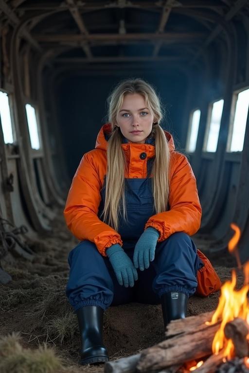 Young woman with long blonde hair sitting by a campfire inside a wrecked fishing boat. She wears an orange raincoat and navy blue latex dungarees. Black latex wellies complete her outfit. Warm campfire glow illuminates interior of the old boat.