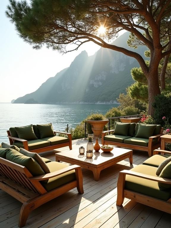 Outdoor lounge setup by the coast features olive green cushions and wooden furniture. Scenic views of mountains and water in the background. Warm sunlight filters through pine trees creating a tranquil atmosphere.