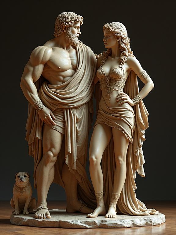 Klimt 3D ultrarealistic statue of Cleopatra alongside Hercules. Statues depict detailed anatomy and elegant clothing. A small dog stands beside them. Soft lighting enhances features. Night edition aesthetic.