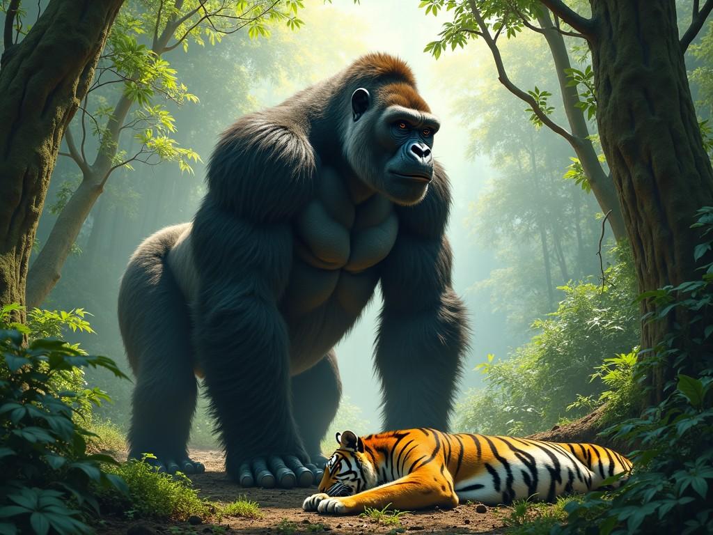 In a sunlit forest, a powerful gorilla stands protectively over a resting tiger, surrounded by lush greenery. The scene is infused with a sense of tranquility and unexpected camaraderie between the two majestic creatures, as dappled sunlight filters through the leaves, casting gentle shadows on the forest floor.