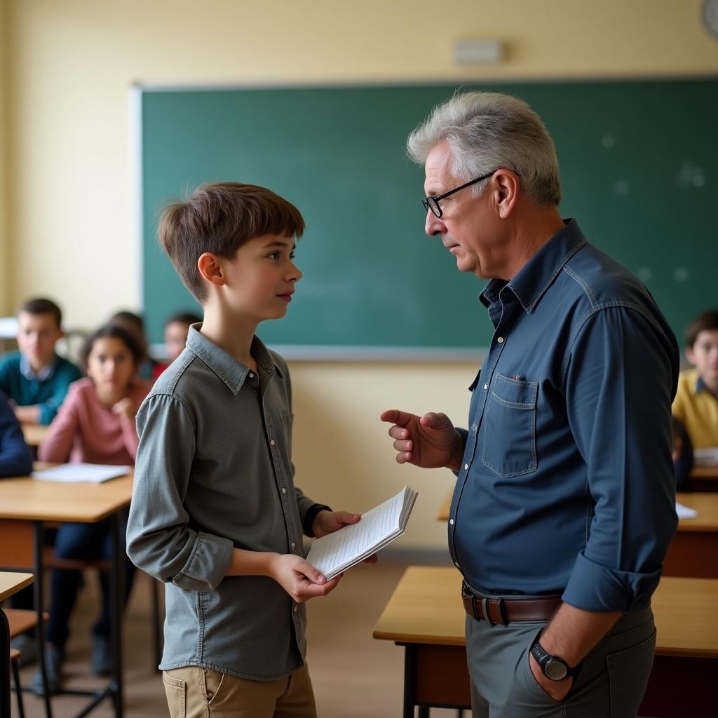 Student stands at front of classroom talking to teacher about homework. Teacher asks about homework notebook. Other students observe. Classroom is brightly lit and organized with wooden desks and chalkboard. Scene captures educational moment of accountability and concern.