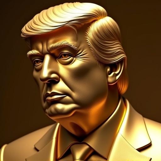 3D sculpture of Donald Trump crafted from polished gold. Realistic and elegant facial features with soft lighting and smooth finish. Regal and luxurious atmosphere, suitable for display in an art gallery, warm gold tones and cinematic lighting create depth and brilliance.