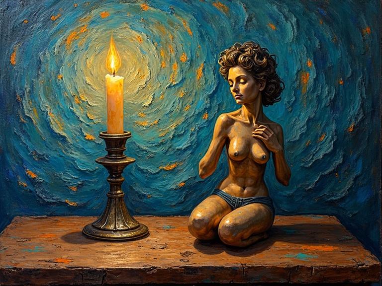 A vibrant still life arrangement featuring a rustic wooden table with an erotic sculpture of a maiden and a flickering candle. The background has a swirling, textured wall painted in bold strokes. Thick brushstrokes give a sculptural quality. Candlelight casts shadows.