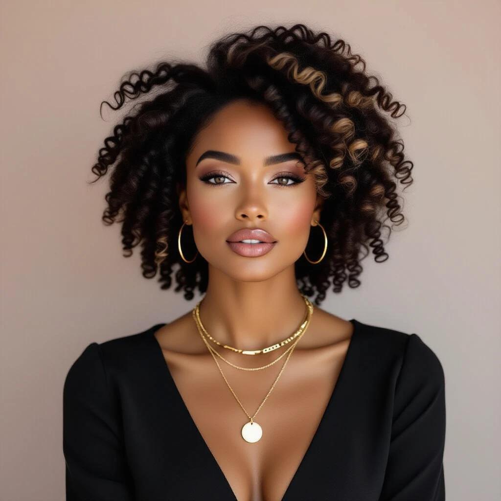 A confident woman with voluminous defined black curls poses against a neutral background. Her makeup is elegant with subtle eyeliner and mauve lipstick. She wears a black top and layered gold necklaces including a chunky chain and a round pendant. Her expression is calm and poised.
