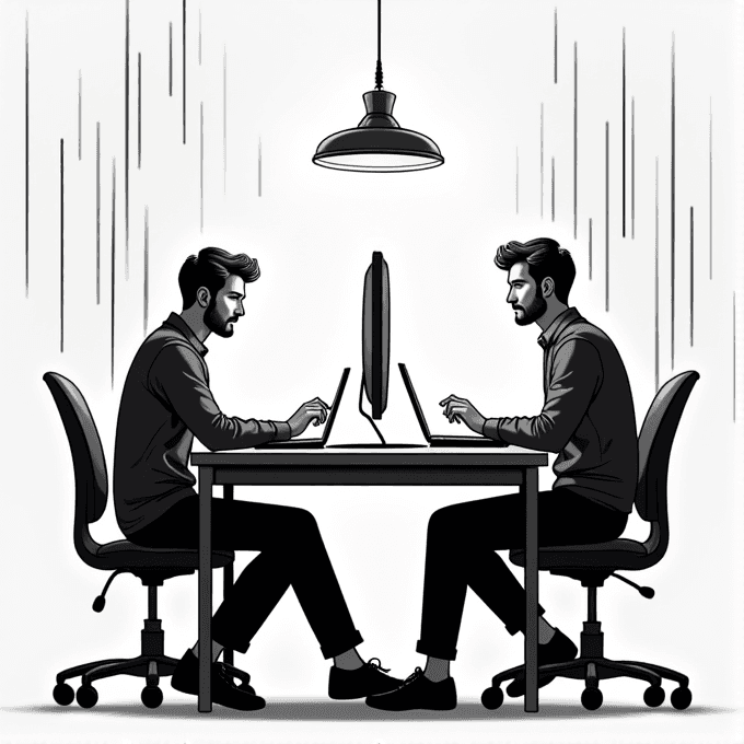 Two identical figures sit across each other at a desk, focused on laptops, under a hanging lamp with vertical lines suggesting a minimalist digital world.