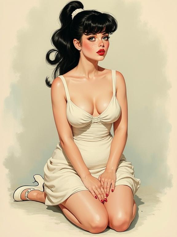 Vintage pin-up illustration of a woman with black ponytail and freckles. Pale skin. Pouting expression. Wearing a white dress and white heels. Sitting with hands on knees. Chubby and plump figure. Style reminiscent of Alphonse Mucha.