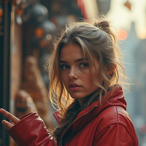 Portrait of a young woman wearing a red jacket. She has long, wavy hair and a subtle smile. The background is blurred with urban elements.