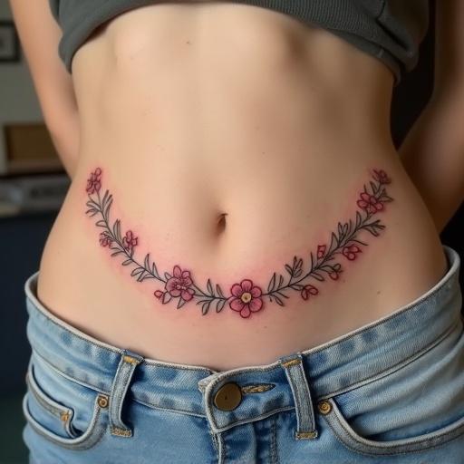 Curved tattoo of small flowers on the abdomen. Tattoo design features a colorful line. Tattoo extends from the hips to the pubis. The flowers are delicate and charming. The overall look is feminine and artistic.