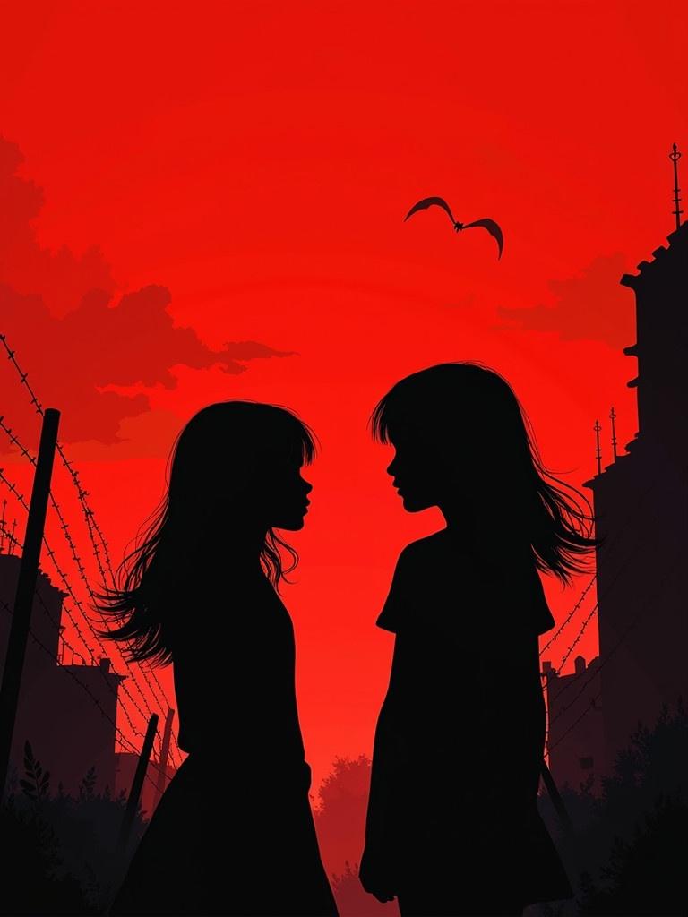 Two girls stand silhouetted in front of a dramatic red sky. Crumbling buildings and barbed wire create an industrial backdrop. A bird flies overhead adding a sense of freedom amidst the constraints. The scene evokes a sense of tension and mystery.