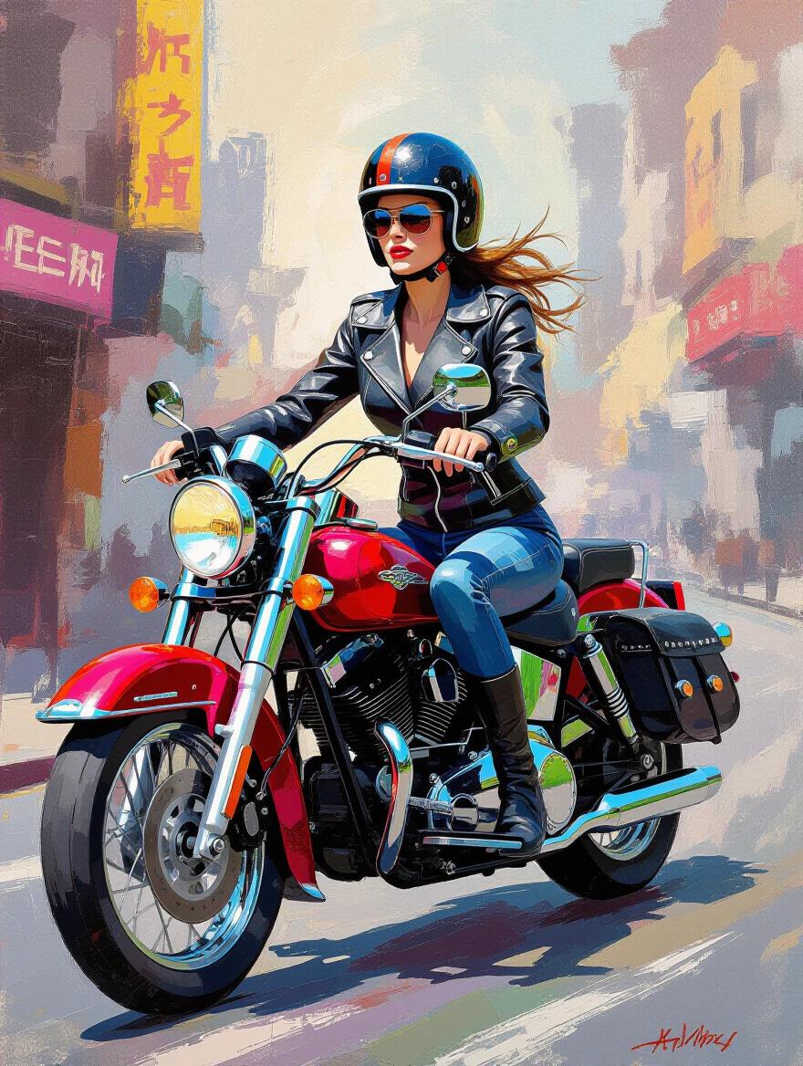 Gothic city lady riding a classic motorcycle in vibrant abstract expressionism style. Inspired by renowned artists with bold brushstrokes and dynamic textures. Energetic and spontaneous feel.