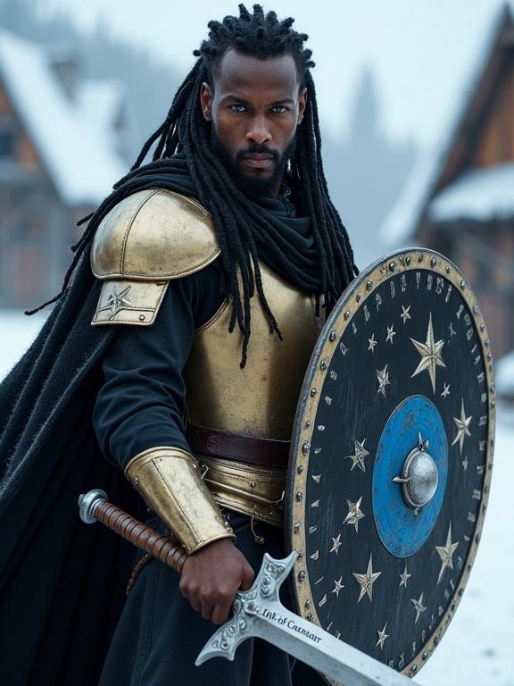 Photorealistic image of a muscular man with black dreadlocks in brass plate armor. He wears a silky cloak and carries a star-decorated shield. He wields a silver sword engraved with 'Light of Cassander'. The backdrop is a snowy medieval village.