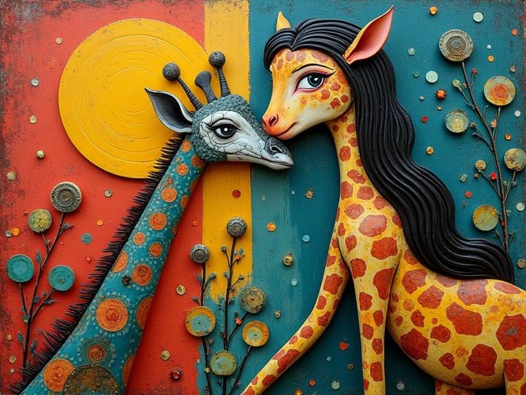 A whimsical 3D mixed media artwork depicting a femme fatale with her pet giraffe. The background has bright colors. The giraffe has unique embellishments. The composition is intricate and layered.