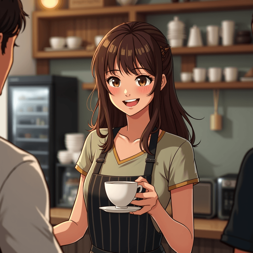 An anime-style barista with a cheerful expression serves a customer in a cozy cafe setting.