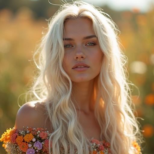 Striking portrait of a woman with long flowing platinum blonde hair adorned with intricate braids and colorful delicate flowers. She stands in sun, full-body shot.