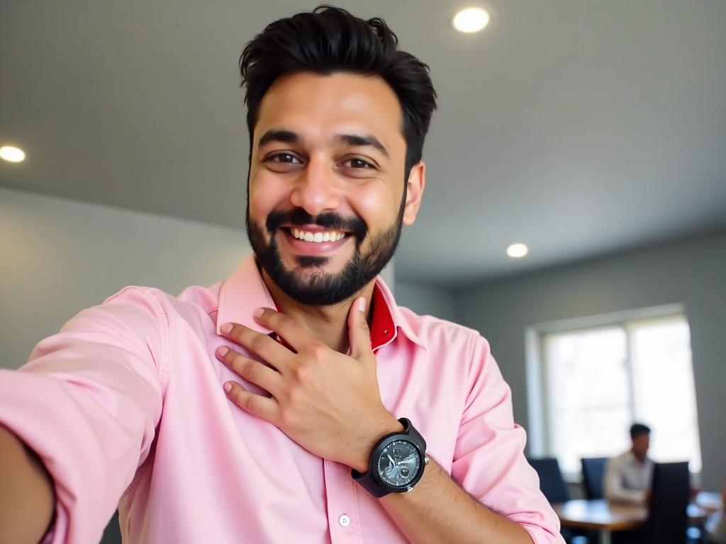 The image shows a man taking a selfie while wearing a pink shirt with a collar that has a red accent. He is holding his hand to his chest, showcasing a sporty black watch on his wrist. The background appears to be an indoor space with some light fixtures visible on the ceiling, reflecting a casual atmosphere. The man seems to be posing confidently, suggesting a relaxed and friendly demeanor. The image is brightly lit, which adds to the overall positive vibe.