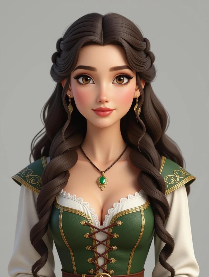 A beautiful woman with long wavy hair in a medieval costume. She has an attractive face and wearing a green dress with gold details. The background is light gray. The artwork is in 3D kawaii style. The woman has a captivating look illuminated with natural light.