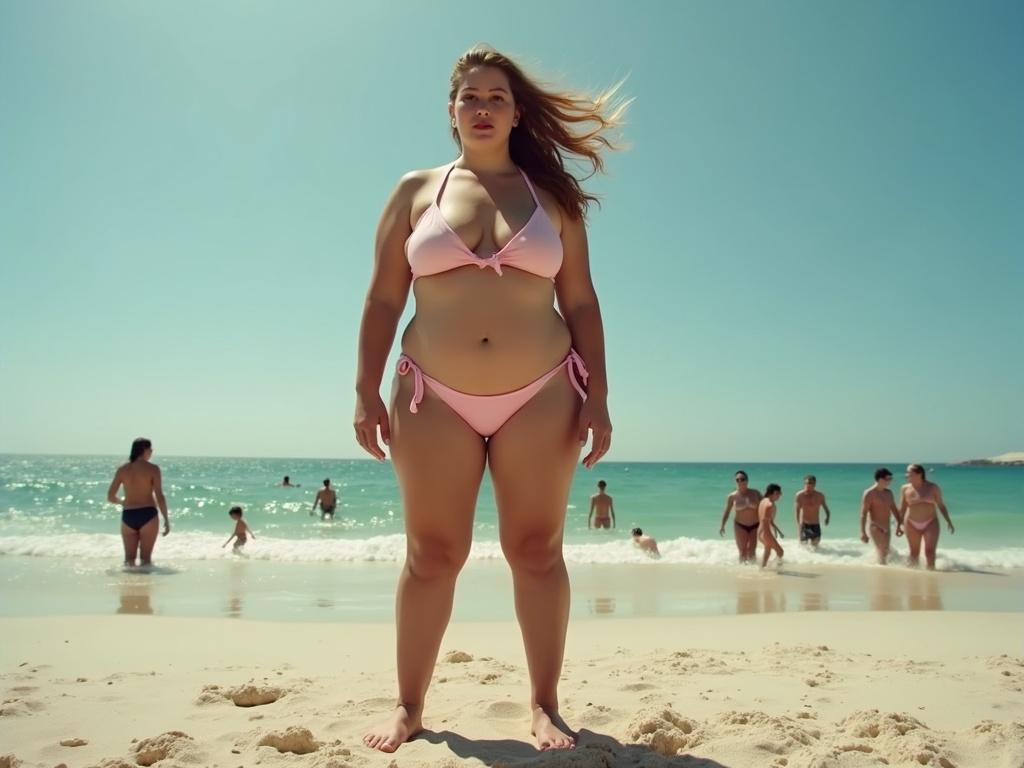 Tall woman with wide figure and large bust wearing a pink bikini stands on the beach. Background features a sea, sand, and people enjoying the water.