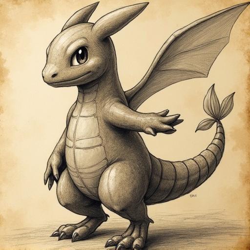Drawing of a dragon-like character inspired by Pokemon. Depicted in a classic artistic style similar to Leonardo da Vinci. The character stands with a welcoming gesture, showcasing detailed anatomy and artistic elements.