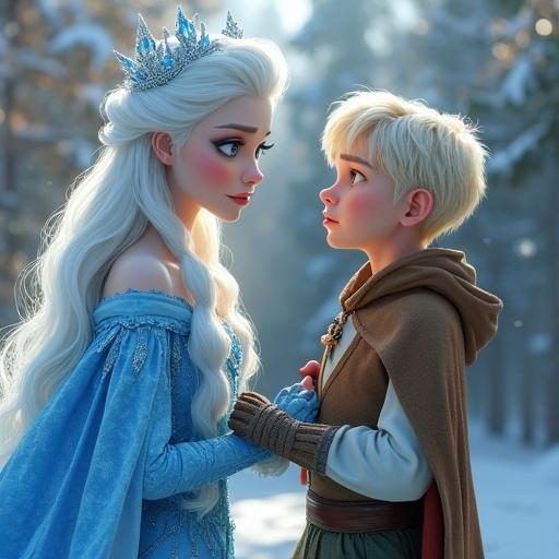 Close-up portrait featuring Snow Queen and Kai in a snowy garden. The Snow Queen has white hair, blue gown, and icy features. Kai is a young boy with blond hair and a brown cloak. They share a sad expression as they look at each other. Snow falls while sunlight shines.