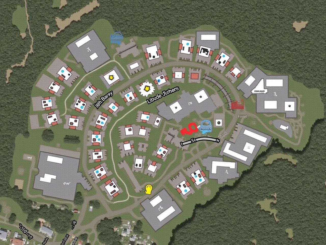 This aerial image shows a campus or community layout, likely belonging to a university. The area is marked with various blocks and buildings, indicating residential and academic structures. There are roads winding through the landscape, leading to different sections. One can see patches of greenery surrounding the buildings. Some areas are labeled, suggesting facilities like a library and research centers. The image captures a mix of urban and natural settings.