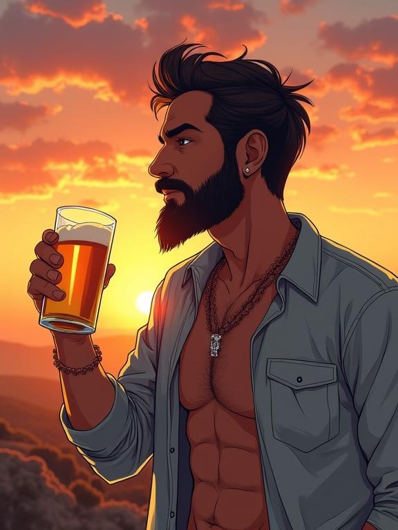 Hand-drawn illustration showcasing a man with a beard and mustache. He wears an open shirt and holds a glass of beer. The background features a sunset with dramatic shadows and vibrant colors. The art combines modern anime and comic styles with realistic proportions.