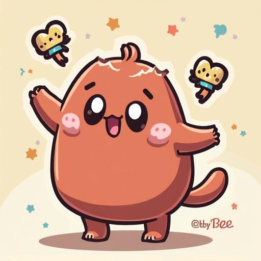 A cute round creature with three heads. Large blue eyes. Stylish mascot. Very adorable.