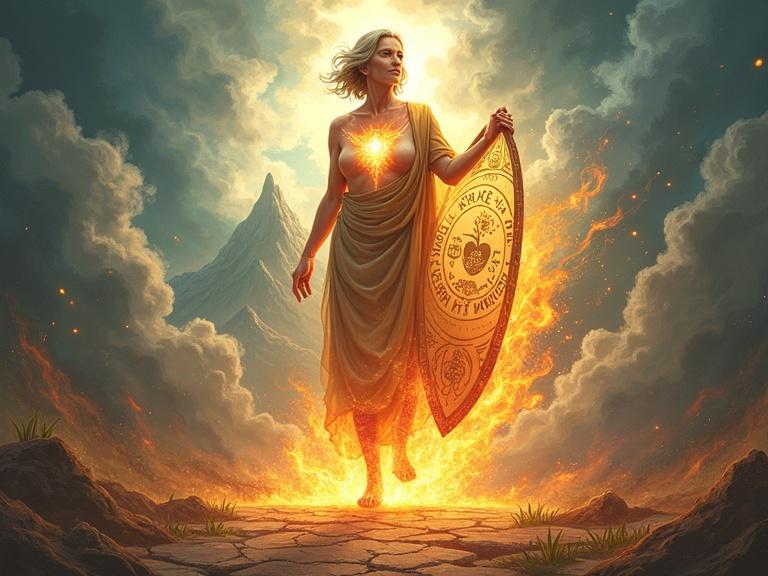 Illustration of embracing Inner Warrior during menopause. Strong mature woman standing in flames. Calm determined expression. Barefoot and grounded. Flowing robe turning into flames. Left hand over heart for self-compassion. Right hand holding glowing shield with resilience symbols. Storm energy swirling around her. Soft light illuminating words: grace, truth, courage, kindness. Cracked earth sprouting green shoots. Path leading to mountain peak.