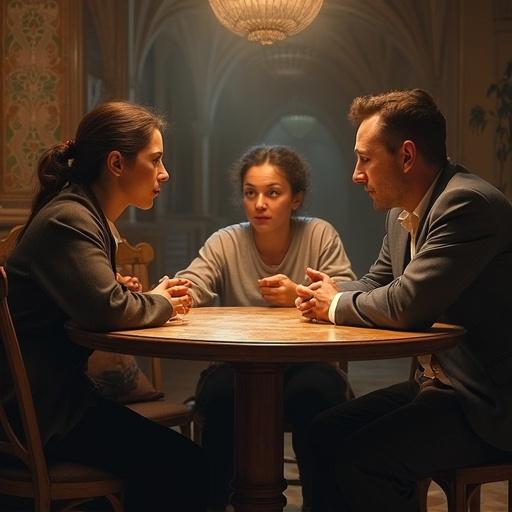 Group of men and women discussing around a table with artificial intelligence in the center