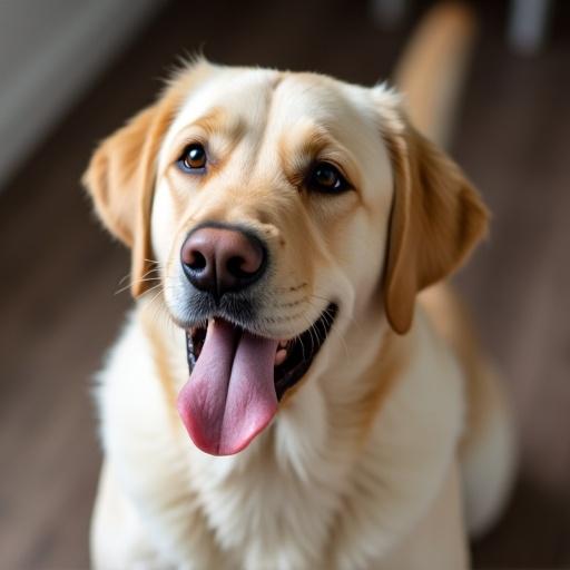 Blonde Labrador shows happy face for food. Dog drooling. Eyebrows lifted.