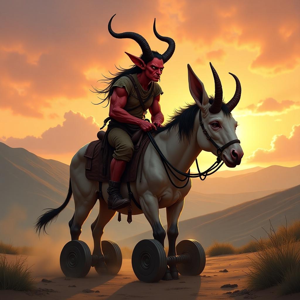 A tiefling rides a dead donkey equipped with wheels instead of legs. The scene includes a fantastical landscape with rolling hills and a warm sunset sky. The tiefling has distinct horns and unique attire, focusing attention on the unusual creature they ride.