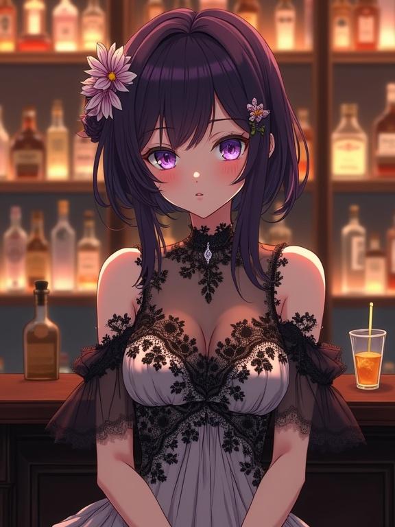 Anime-style lady sitting at a bar counter. Elegant black and white lace dress. Gorgeous violet eyes. Sheer sleeves and off-the-shoulder design. Floral accessories in dark violet hair. Cozy atmospheric setting with alcohol bottles.
