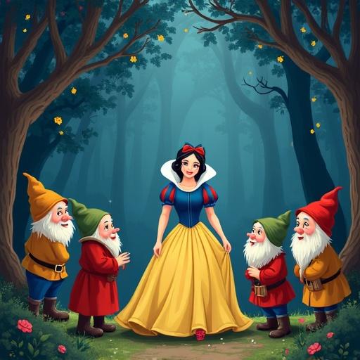 Colorful illustration for an audio story cover depicting Snow White surrounded by seven dwarfs in a magical forest. Characters show unique dwarf personalities. Background features lush green trees and soft magical lighting.