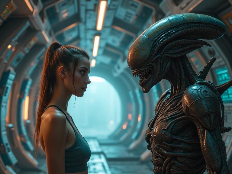 A sci-fi corridor with a girl and an alien facing each other. Girl in a crop top showing surprise. Alien has intricate armor and tentacles. Fog in the corridor and metal surfaces reflecting light.