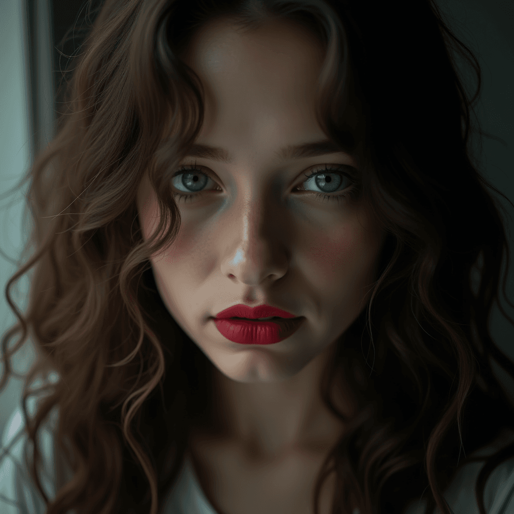 A person with long, curly hair looks directly at the camera, with soft lighting highlighting their features.