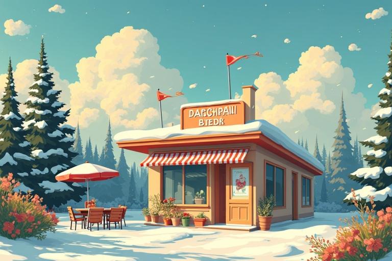 Illustration of a cozy building in a snowy landscape. Mountainous background, trees surround the area. Outdoor seating with an umbrella and chairs. Bright and cheerful colors used across the scene.