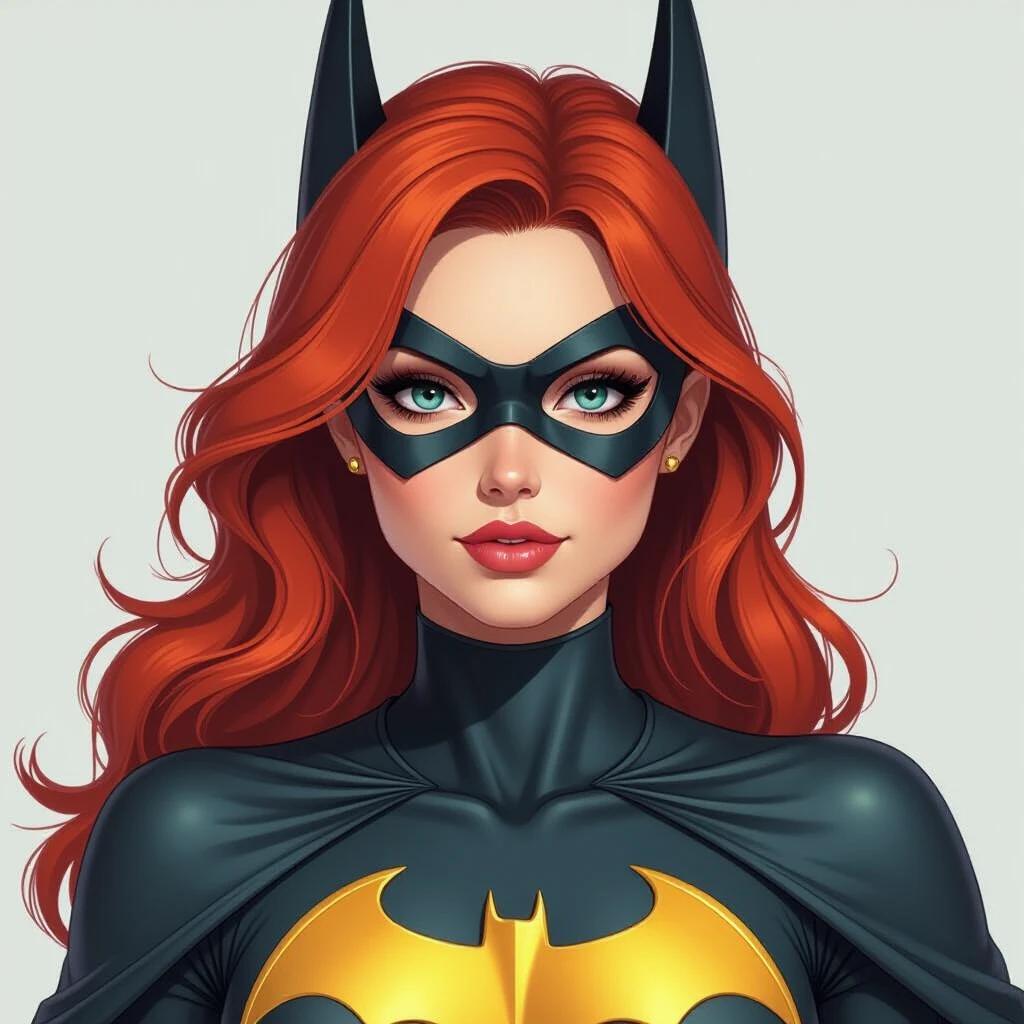Realistic artwork of Batgirl. Character displays vibrant red hair and iconic black and yellow costume. Engaging superhero pose. Background is neutral to highlight character. Suitable for comic-related uses.